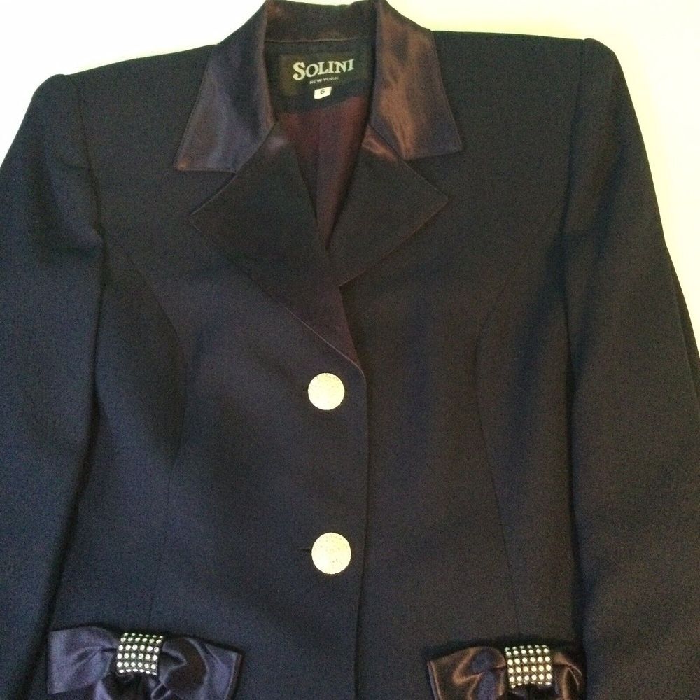 Solini New York Womens Blazer 6 Navy Satin Collar/lining Bows Shoulder Pads USA